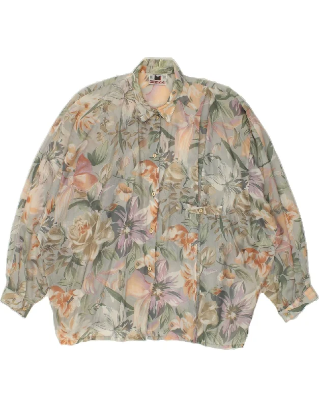 VINTAGE Womens Shirt Blouse UK 20 2XL Green Floral Cozy Summer Short Shirt