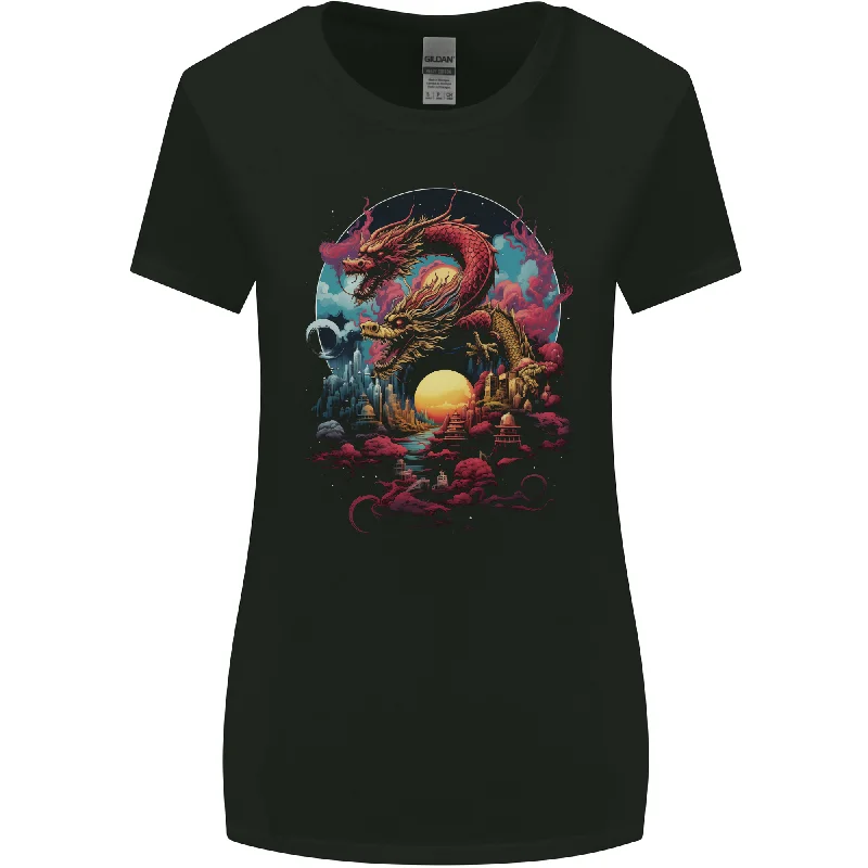 2 Sunset Fantasy Dragons Womens Wider Cut T-Shirt Solid Print Embellished