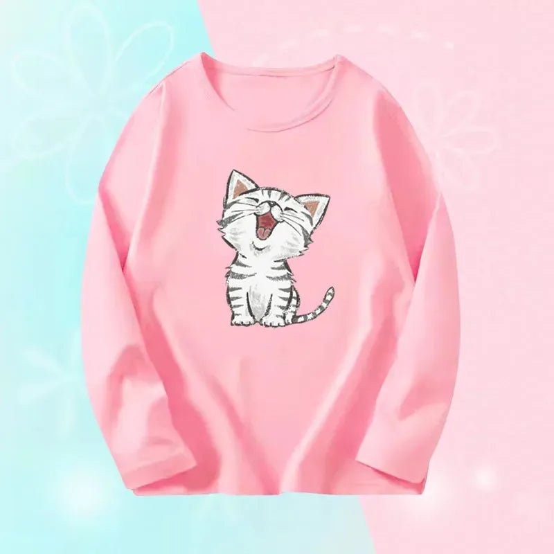 3~14 Years Girl Long Sleeve T-Shirts Cute Sweet Girl Tee Tops Cute Cat Graphic O-Neck Top Little Girl Casual T-Shirts Solid Print Embellished