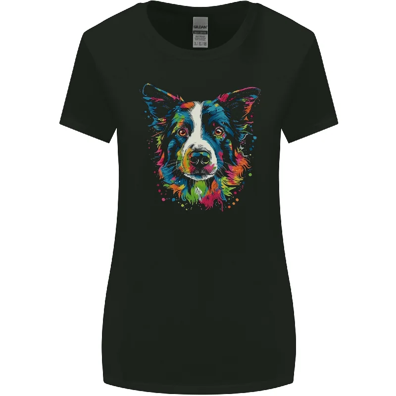 A Colourful Border Collie Dog Womens Wider Cut T-Shirt Chenille Blend Fleece Blend Nylon Blend