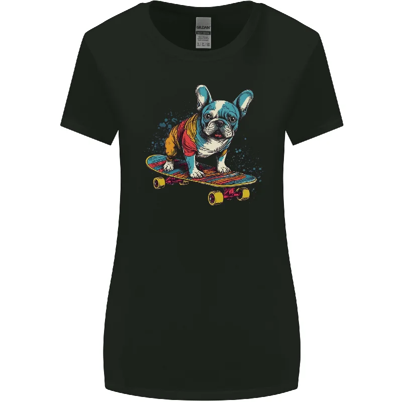 A Colourful French Bulldog on a Skateboard Womens Wider Cut T-Shirt Front Pockets Side Pockets Patch Pockets