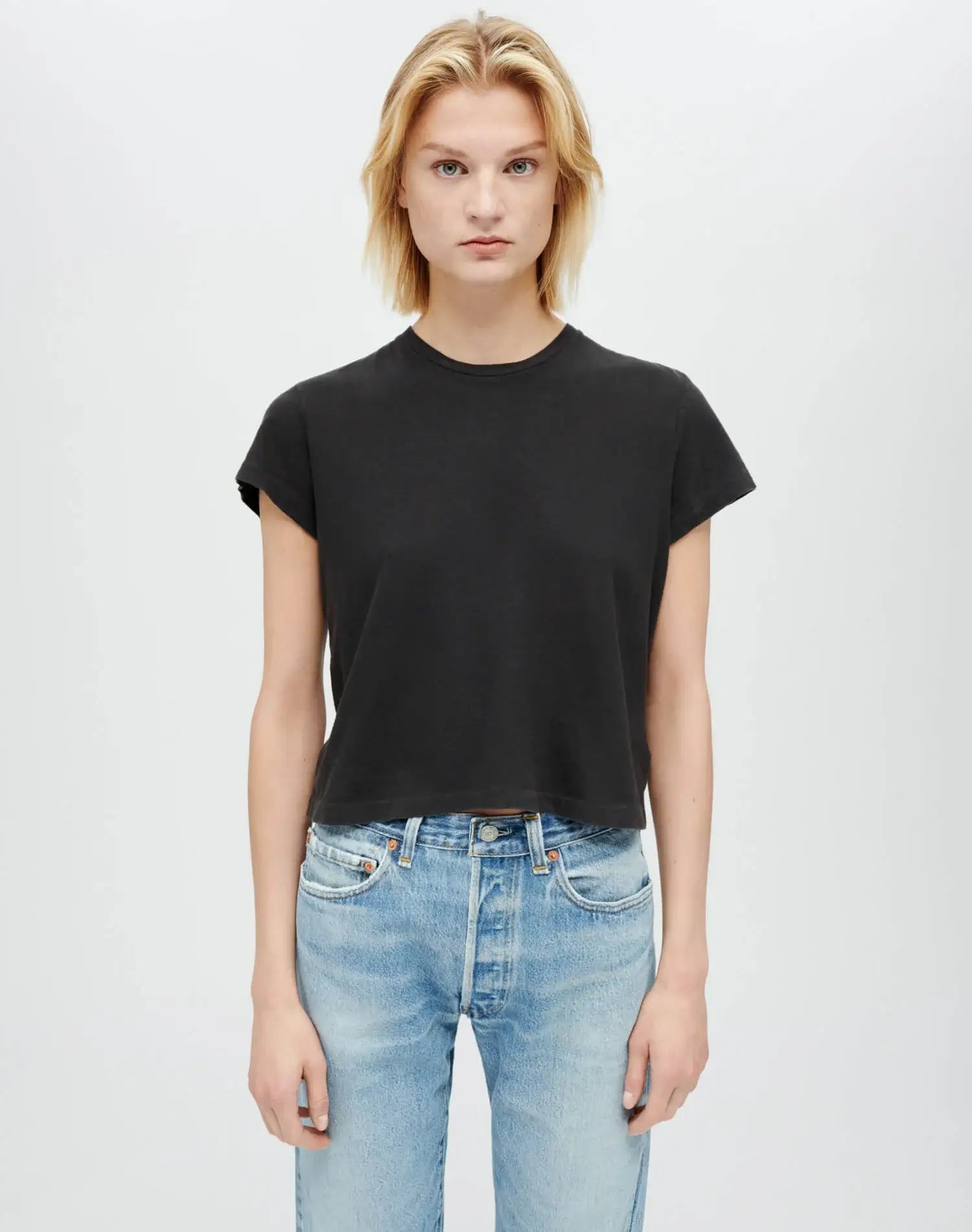 RE/DONE - Boxy Tee in Washed Black Chenille Fabric Brocade Fabric Lace Fabric