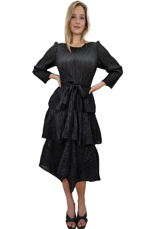 Long Sleeve Layered Wrap Belt Midi Dress Trendy Off-Shoulder Ruffle Midi Dress