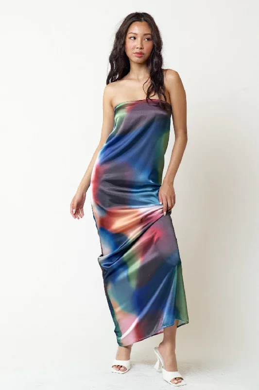 Long Strapless Multicolor Print Maxi Dress Comfortable Ruffle Hem Maxi Dress