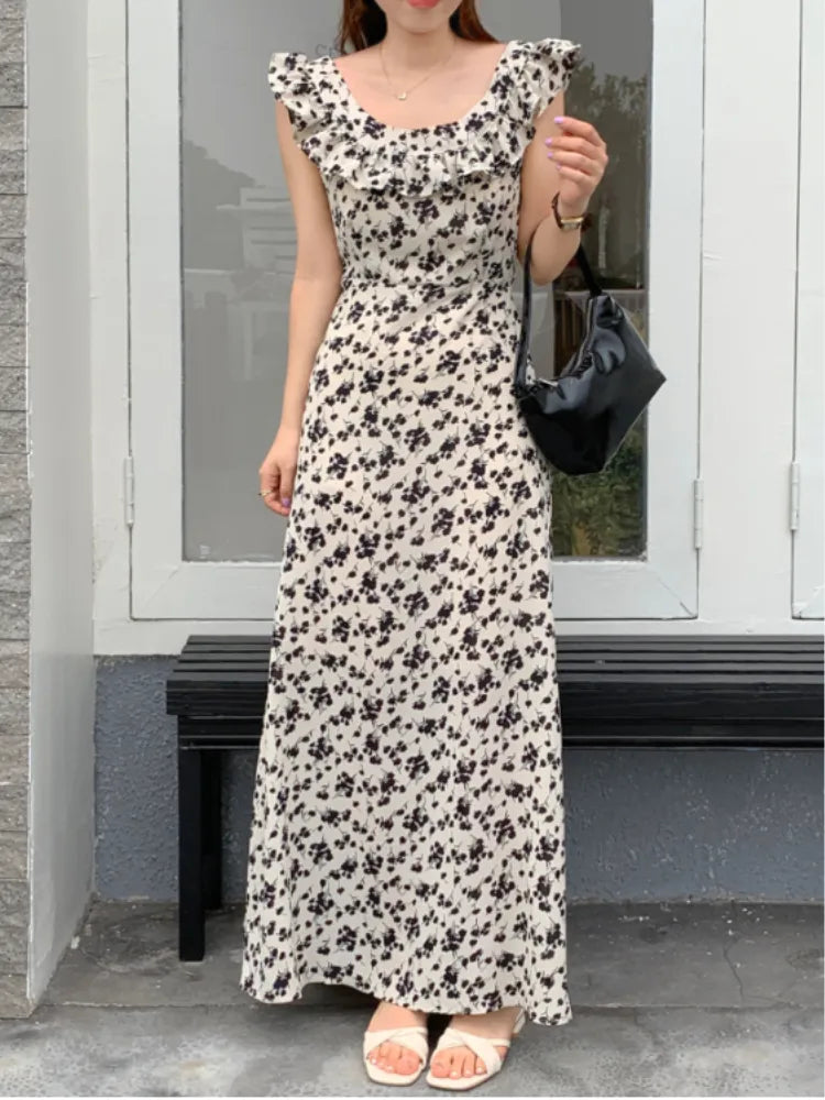 Chic Korean Clothes Design Autumn Women Sleeveless Japan Girls Cute Floral Printed Retro Vintage Date Black Long Maxi Dress Stylish Button-Up Maxi Dress