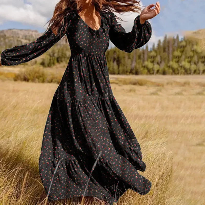 Floral Chiffon Fashion High Quality Maxi Dress Boho Women V-Neck Retro Holiday Leisure Long Sleeved Beach Temperament Lady Robe Fashionable Sleeveless Maxi Dress