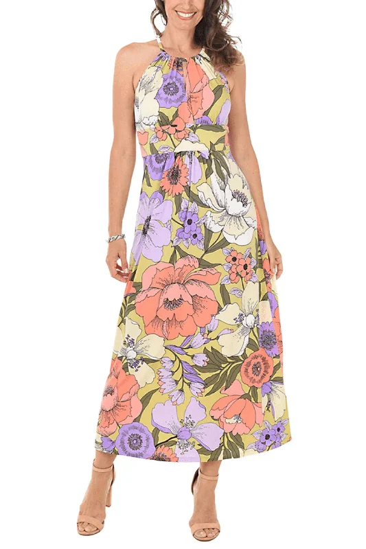 London Times T6110M - Floral Halter Maxi Dress Stylish Boho Maxi Dress