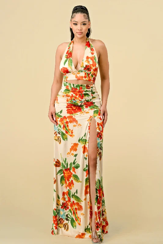 Long Halter Neck Printed Ruched Maxi Dress Stylish Maxi Dress with Pleats