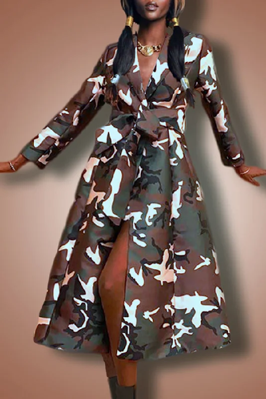 Long Sleeve Collared Camouflage Midi Dress Comfortable Knitwear Midi Dress