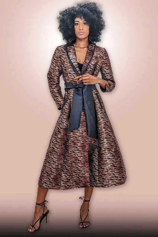 Long Sleeve Collared Wrap Belt Tiger Print Midi Dress Elegant Floral Appliqué Midi Dress