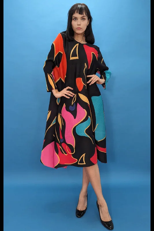 Long Sleeve Multi Colored Print Midi Dress Fashionable One-Shoulder Midi Dress