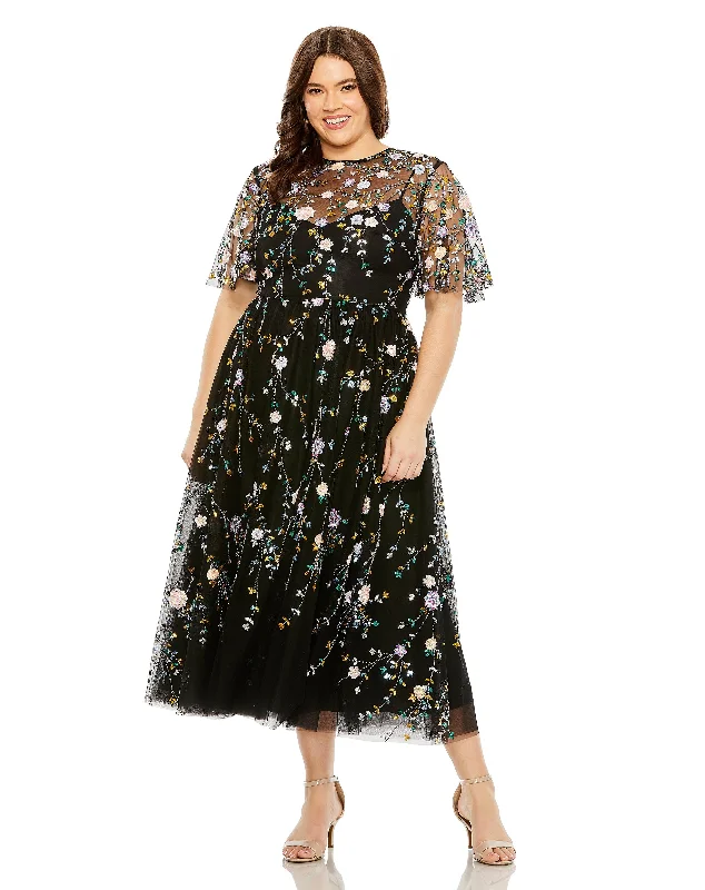 Mac Duggal 68638 Plus Size Sequin Floral Detail Midi Dress Trendy A-Line Midi Dress