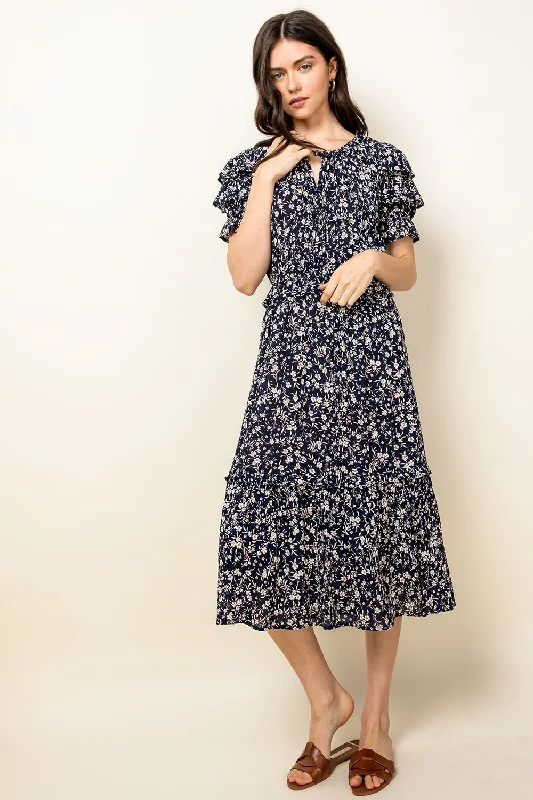 Ruffle Print Midi Dress Comfortable Stretch Midi Dress