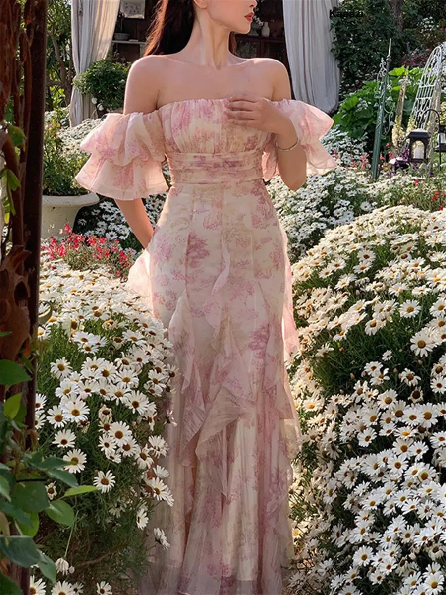 Vintage Floral Maxi Dress Women Elegant Korean Summer New  Fashion Evening Gown Party Lady Vestido Trendy Female Fairycore Chic Button-Up Maxi Dress