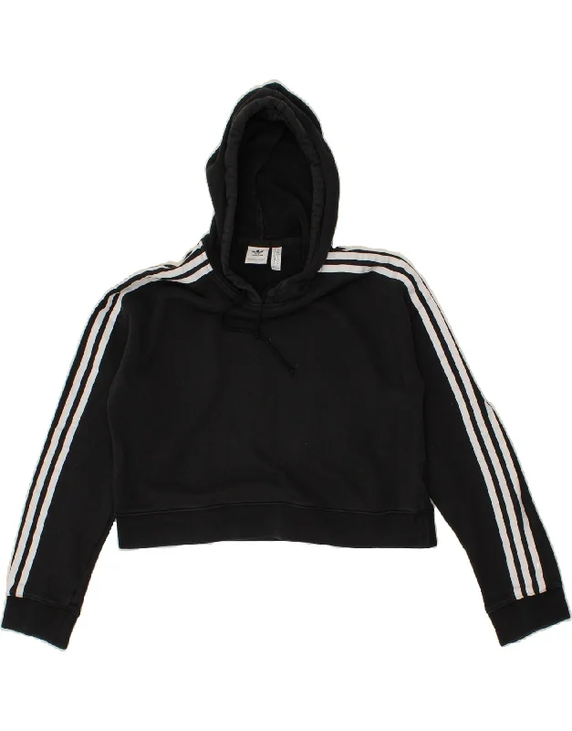 ADIDAS Womens Crop Hoodie Jumper UK 6 XS Black Cotton Hoodie with Drawcord Adjustable Secure