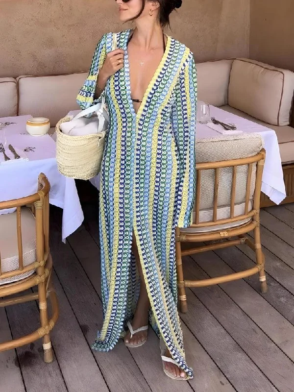 Crochet Striped Plunge Neck Maxi Dress Elegant Maxi Dress with Ruffles