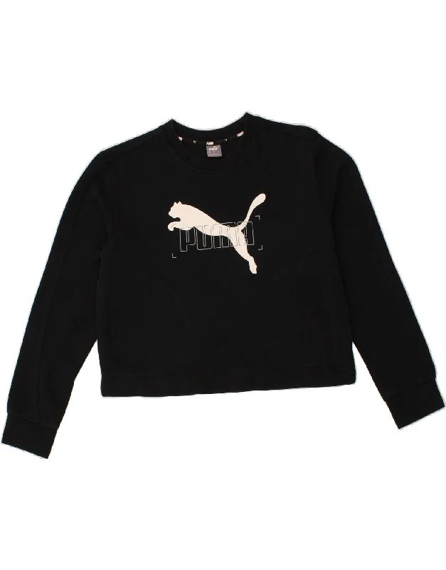PUMA Womens Crop Graphic Sweatshirt Jumper UK 10 Small Black Cotton Hoodie with Raw Hem Edgy Unfinished