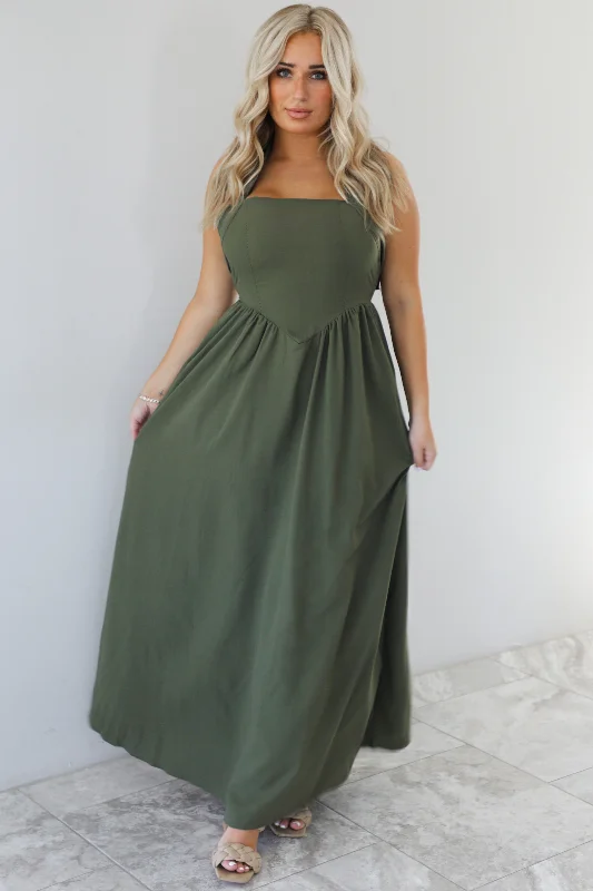 Explore Madrid Maxi Dress: Army Green Casual Maxi Dress with Pockets