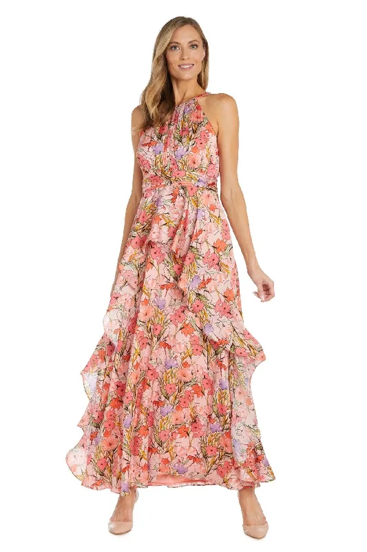 R&M Richards 1118 Long Halter Floral Ruffle Maxi Dress Classic Black Maxi Dress