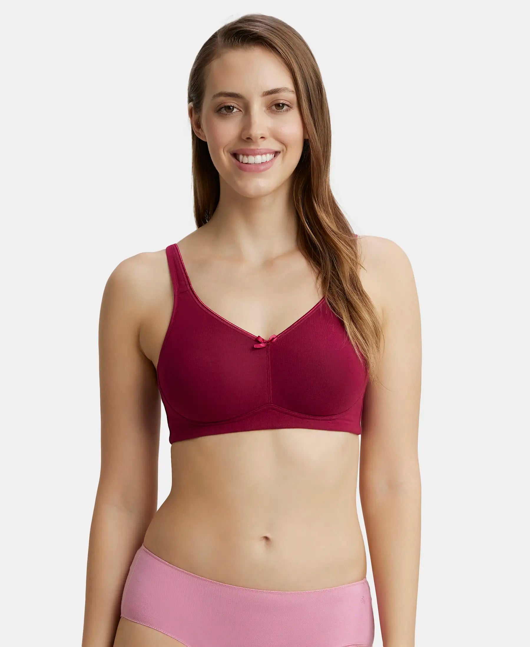 Wirefree Non Padded Plus Size Super Combed Cotton Elastane Stretch Full Coverage Everyday Bra with Concealed Shaper Panel - Beet Red Comfortable Fit Bralette