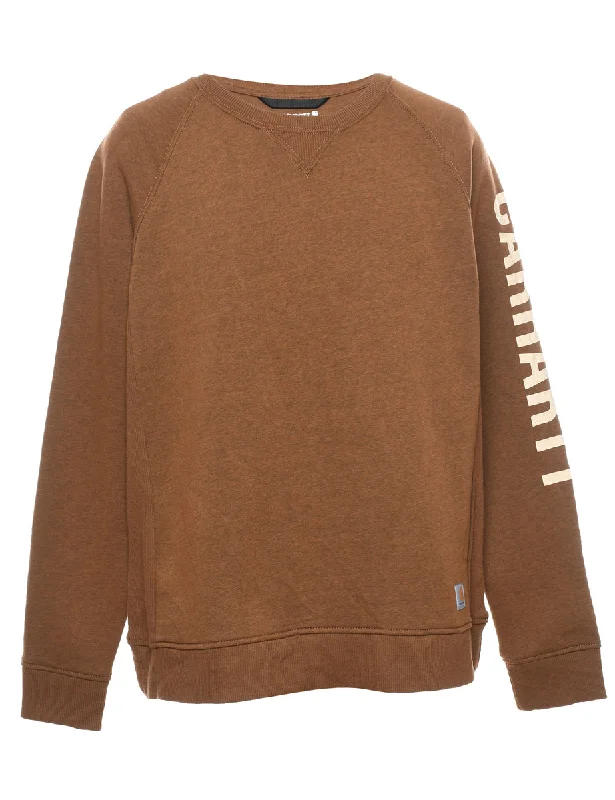 Carhartt Brown Plain Sweatshirt - XL Hoodie with Hem Applique Textured Unique