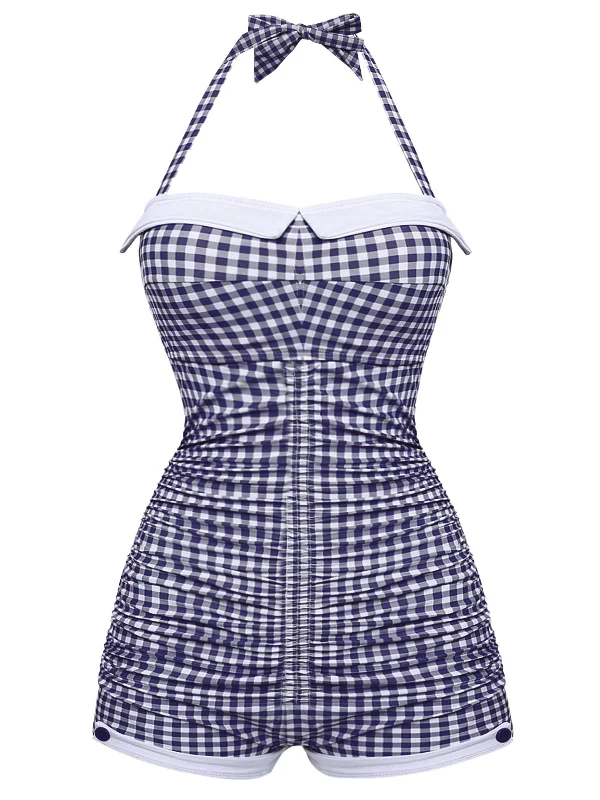 Gingham 1950s Halter Bowknot One-piece Swimsuit Bold High-Cut Bikini