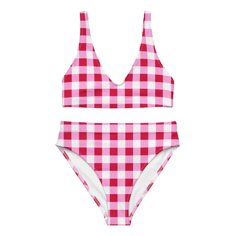 Cherry Red, White and Pink Gingham High Waisted Bikini Swimsuit Strapless Swimsuit Top