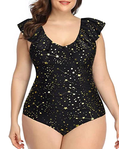 Cute Ruffled Falbala Plus Size One Piece Swimsuit For Women-Gold Stars Trendy Swimsuit Bottoms