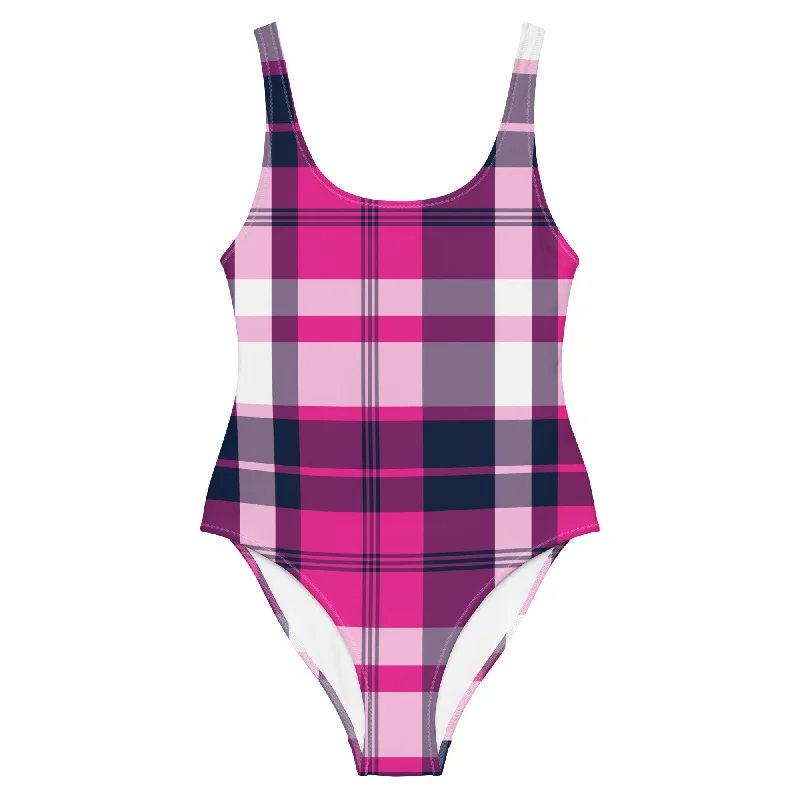 Hot Pink and Navy Blue Preppy Plaid One Piece Women's Swimsuit Tropical Print One-Piece