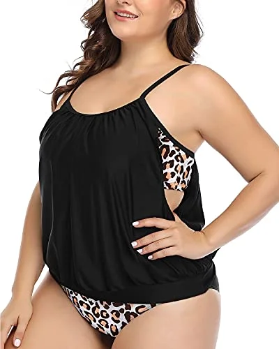 Women's Double Up Tummy Control Plus Size Tankini Swimsuits-Black Leopard Plunge Neckline Swimsuit