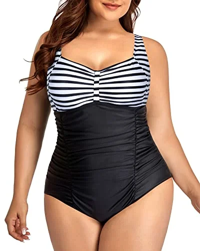 Adjustable Strap Tummy Control One Piece Swimsuit For Women-Black And White Stripe Sexy Swimwear Set