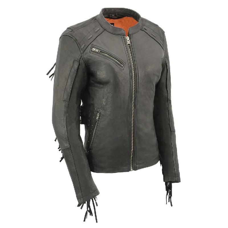 Milwaukee Leather MLL2565 Women's Black Fringed Lightweight Leather Racer Motorcycle Jacket Hooded Jacket Caped Jacket Shawl Collar Jacket