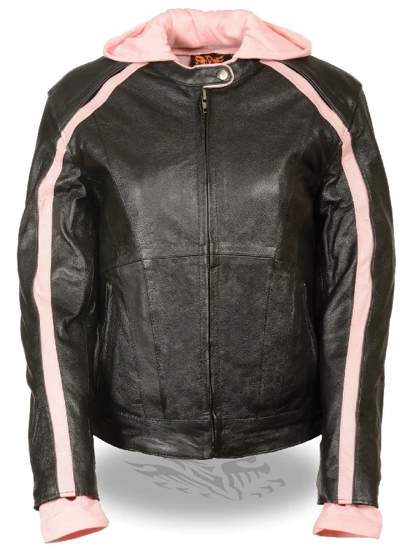 Milwaukee Leather SH1951 Women's Black and Pink Striped Leather Jacket with Zip-Out Hoodie Fleece Jacket Down Jacket Feather Jacket