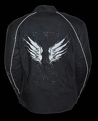 WOMEN'S MOTORCYCLE BLK TEXTILE JACKET W/ STUD & WINGS DETAILING W/2GUNPOCKETS Nylon Fabric Polyester Fabric Spandex Fabric