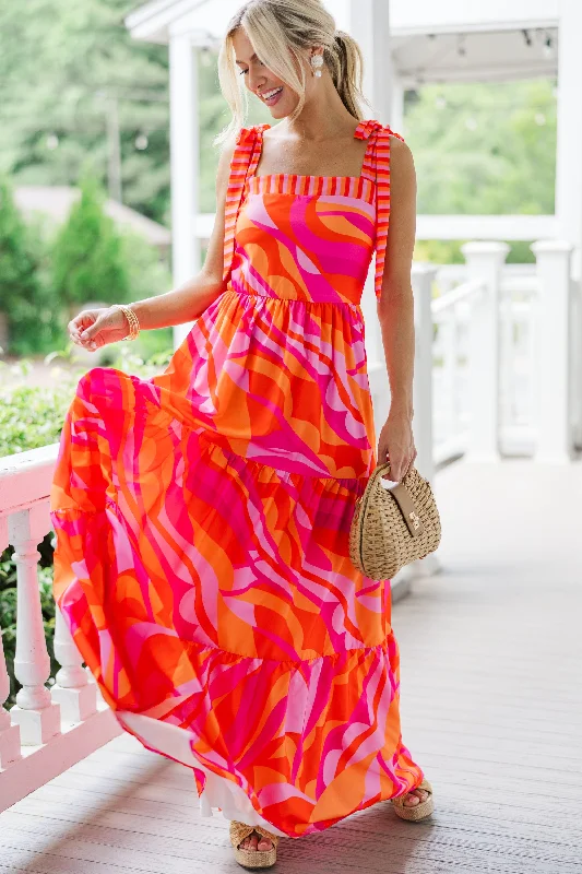 At This Point Fuchsia Pink Multi Abstract Maxi Dress Stylish Off-Shoulder Maxi Dress