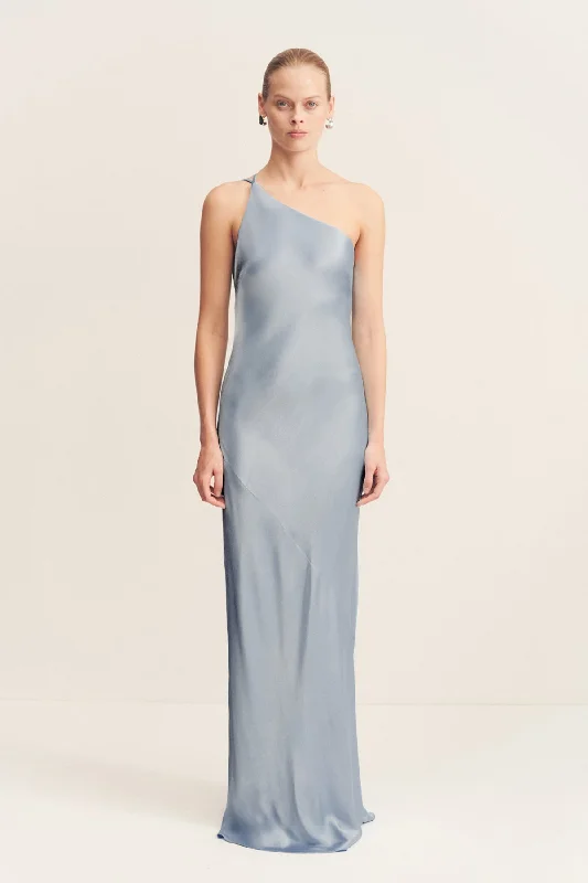 LA LUNE ONE SHOULDER COWL BACK MAXI DRESS - POWDER BLUE Elegant Maxi Dress with Drapes