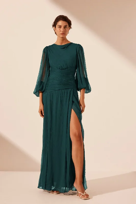 LAYLA PANELLED LONG SLEEVE MAXI DRESS - DARK TEAL Stylish Pleated A-Line Maxi Dress