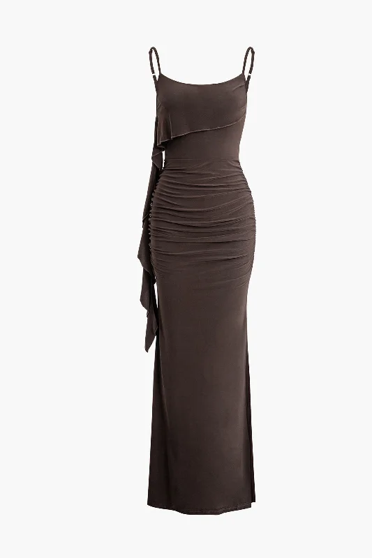 Solid Fringe Backless Slip Slit Maxi Dress Fashionable High-Low Maxi Dress