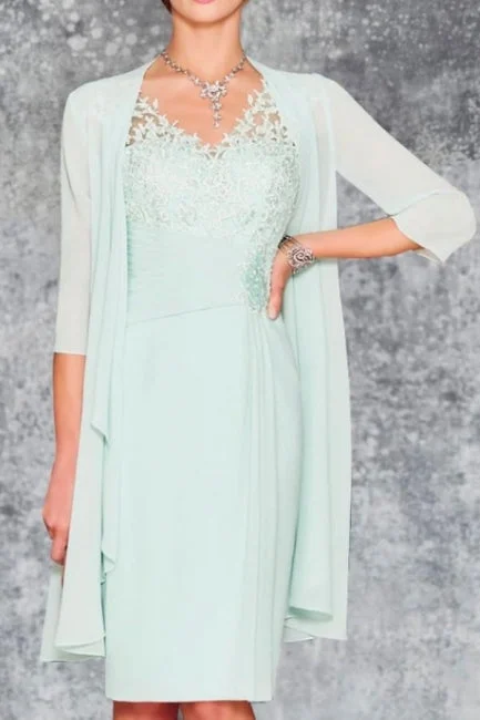 Charming Short Mint Chiffon Lace Mother of The Bride Dress with Jacket Snapped Jacket Toggled Jacket Drawstring Jacket