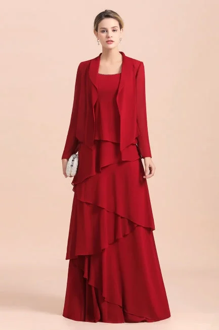 Elegant Burgundy Chiffon Mother of the Bride Dress Ruffles With Jacket Oversized Jacket Tailored Jacket Straight Jacket