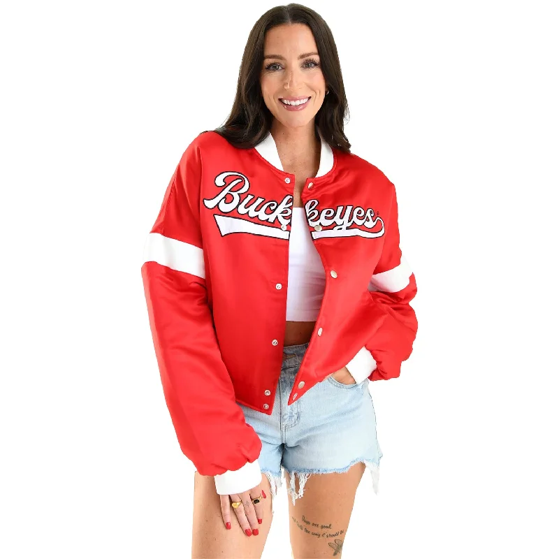 Ladies Ohio State Buckeyes Varsity Satin Scarlet Jacket Zippered Front Buttoned Front Snap Front