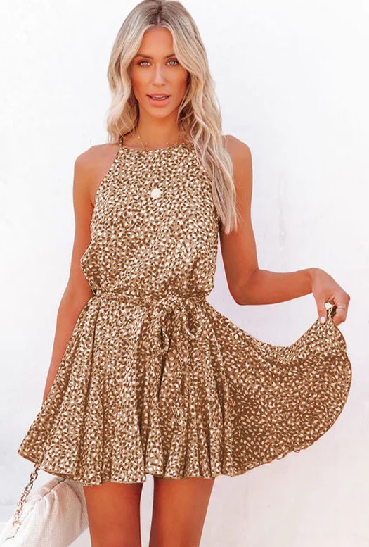 Leopard sleeveless lace-up pleated skirt with suspenders cashmere skirt rich