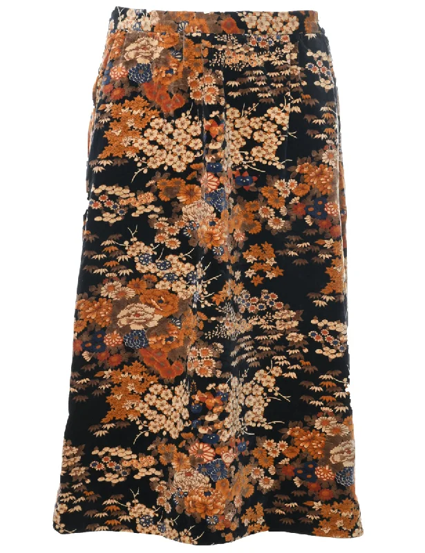 Floral Pattern Midi Skirt - M velvet skirt plush