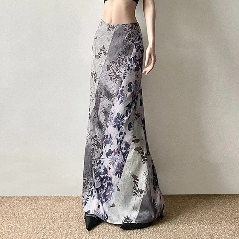 Flower print contrast maxi skirt cashmere skirt soft