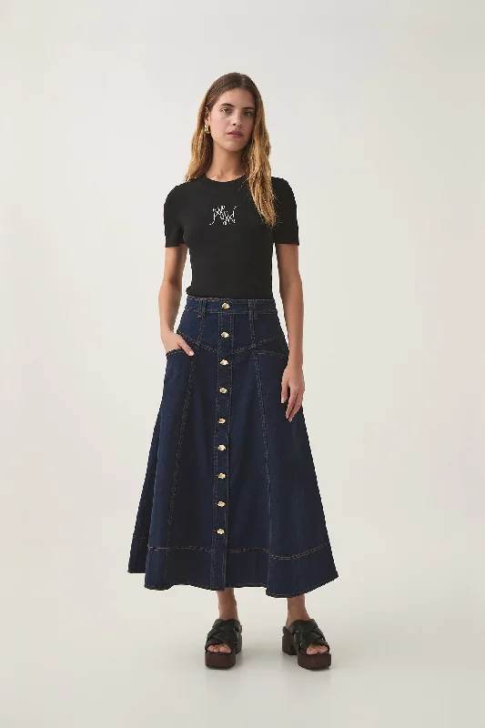 Resonance Denim Midi Skirt zip skirt side