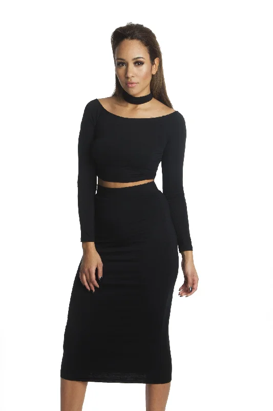 THE MYSTYLEMODE BLACK DOUBLE LINED STRETCH HIGH WAISTED MIDI SKIRT leather skirt durable