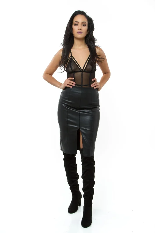 THE MYSTYLEMODE BLACK LEATHER FRONT SLIT MIDI SKIRT modal blend skirt