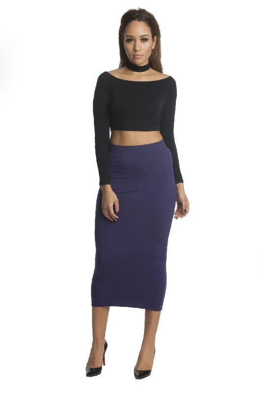 FINAL SALE-THE MYSTYLEMODE NAVY DOUBLE LINED STRETCH HIGH WAISTED MIDI SKIRT denim skirt classic