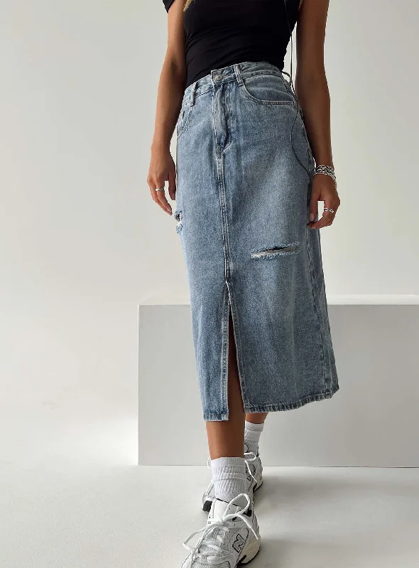 Belsie Midi Skirt Light Wash Denim pleated skirt texture