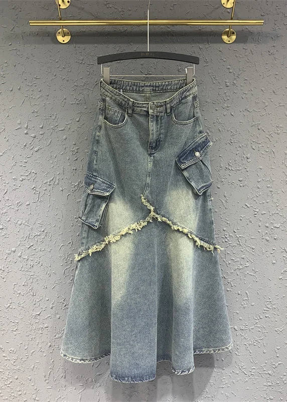 Fashion Light Blue Tasseled Pockets Patchwork Denim Skirt Fall spandex blend skirt